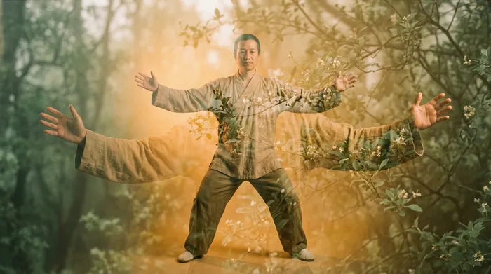 Double exposure of a practitioner with arms spread wide blended with flowering sage green branches
