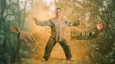 Double exposure of a practitioner with arms spread wide blended with flowering sage green branches