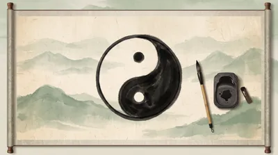 Ink wash painting of a taijitu diagram brushed on aged rice paper beside a calligraphy brush