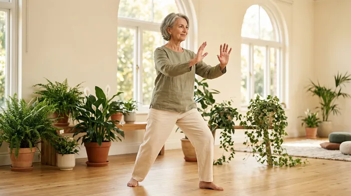 Older adult practicing a tai chi balance pose in a warm bright studio with plants