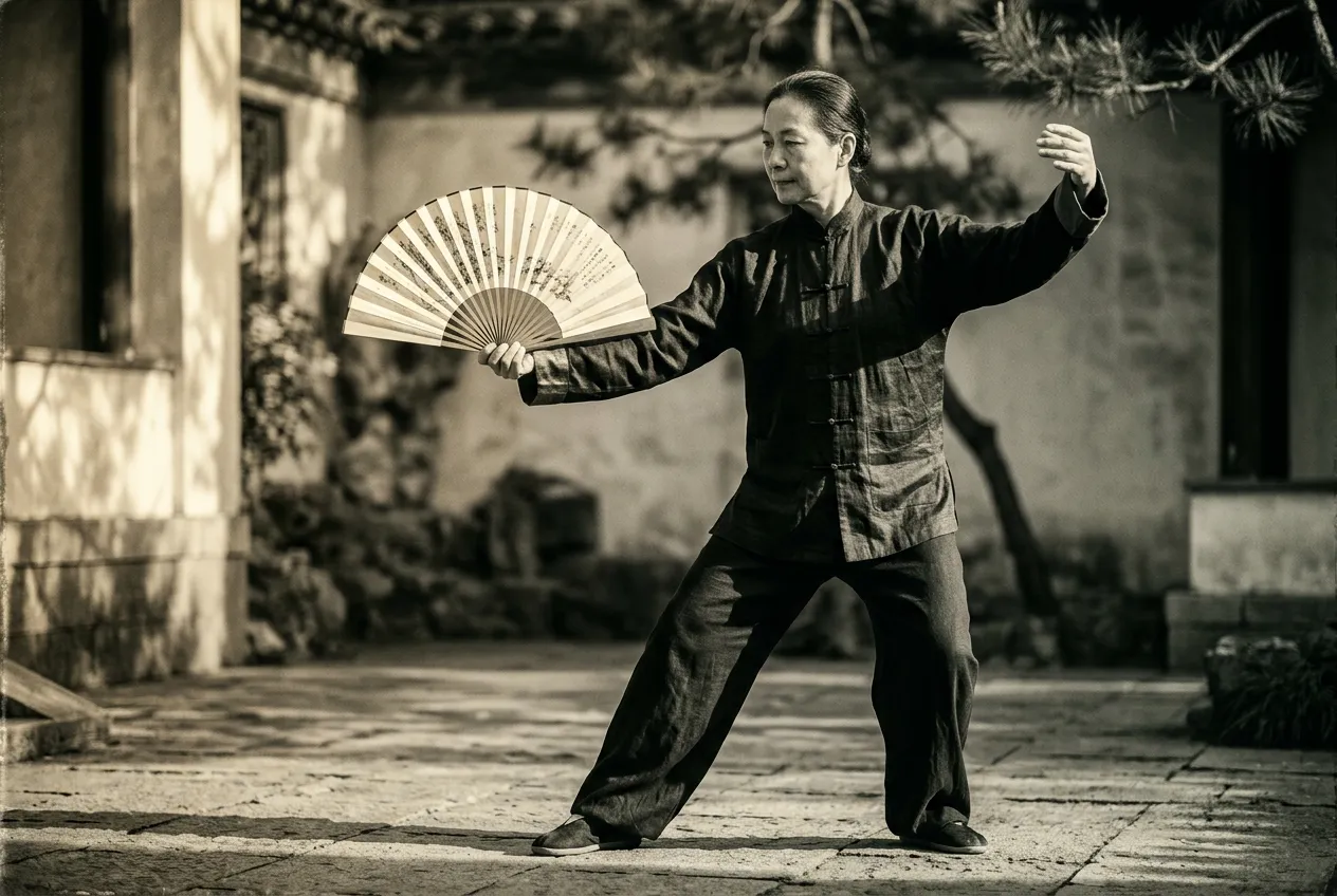 The Fan as a Weapon and as an Instrument of Practice — tai chi forms illustration