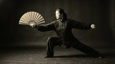 Black and white photograph of a practitioner with an open tai chi fan in a dramatic pose