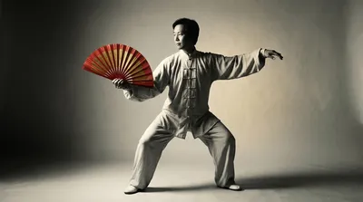 Black and white photograph of a practitioner with an open tai chi fan in a dramatic pose