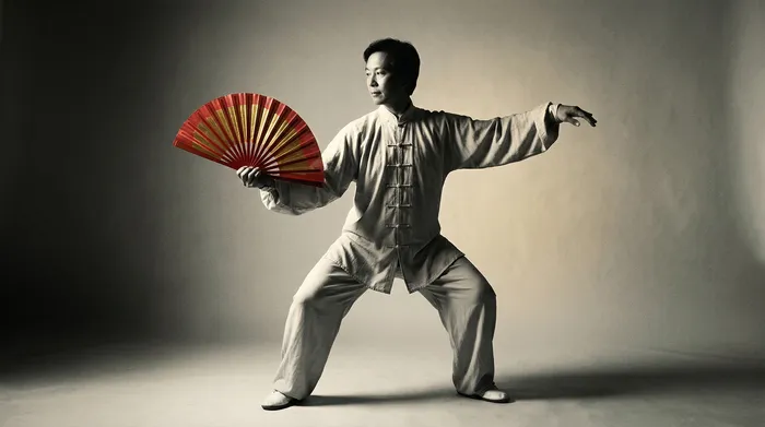 Black and white photograph of a practitioner with an open tai chi fan in a dramatic pose