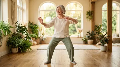 Older woman performing gentle tai chi movements in a warm studio with golden light and plants