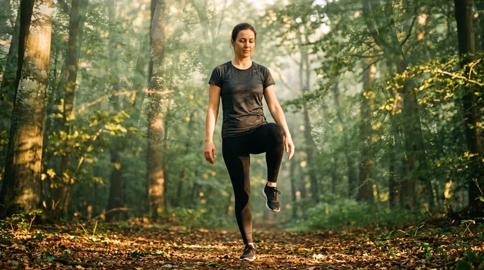 Double exposure of an athletic practitioner in a single-leg tai chi posture blended with forest canopy