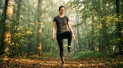 Double exposure of an athletic practitioner in a single-leg tai chi posture blended with forest canopy
