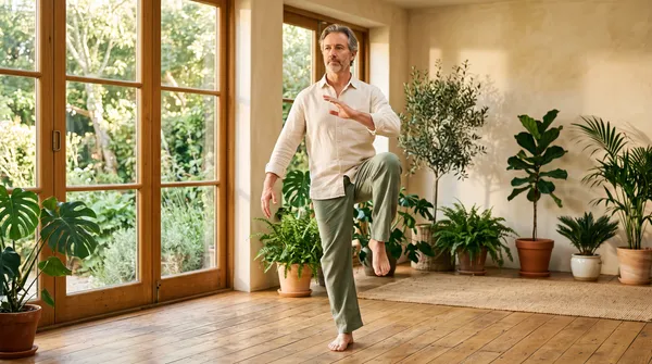 A practitioner performing tai chi in a sunlit studio surrounded by plants