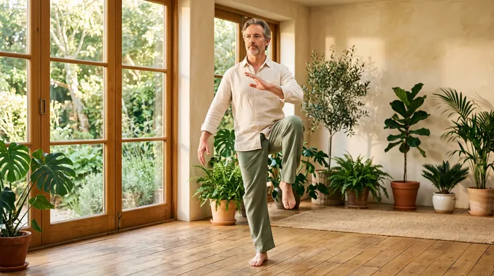 Practitioner balancing on one leg in golden crane stance in a bright warm studio