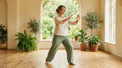 Practitioner balancing on one leg in golden crane stance in a bright warm studio