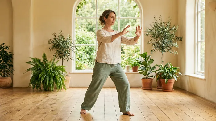 Practitioner balancing on one leg in golden crane stance in a bright warm studio