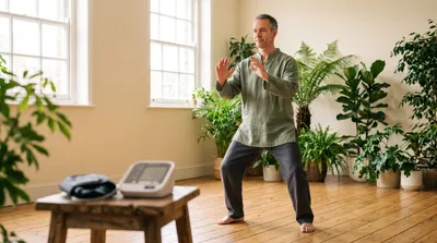 Middle-aged man practising tai chi in a bright plant-filled studio with a home blood pressure monitor nearby
