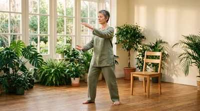 Woman moving gently through a very high tai chi stance in a warm studio with a chair nearby