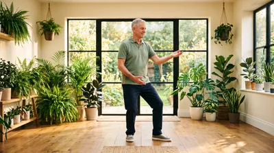 Man in his sixties practising tai chi in flat supportive shoes in a bright plant-filled room