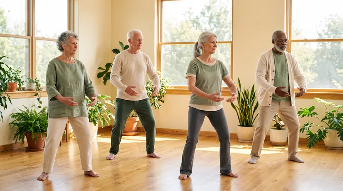 Small group of older adults practising gentle tai chi together in a bright airy hall