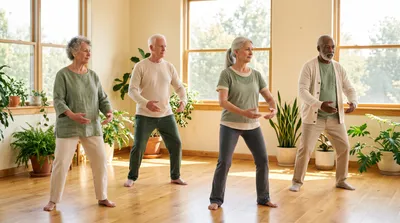 Small group of older adults practising gentle tai chi together in a bright airy hall