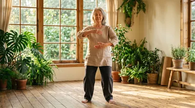 Older woman in a still standing qigong posture bathed in warm light through a large window