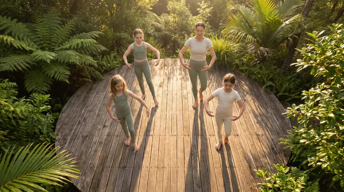 Children copying an adult in a simple tai chi balance posture on a sunlit wooden deck