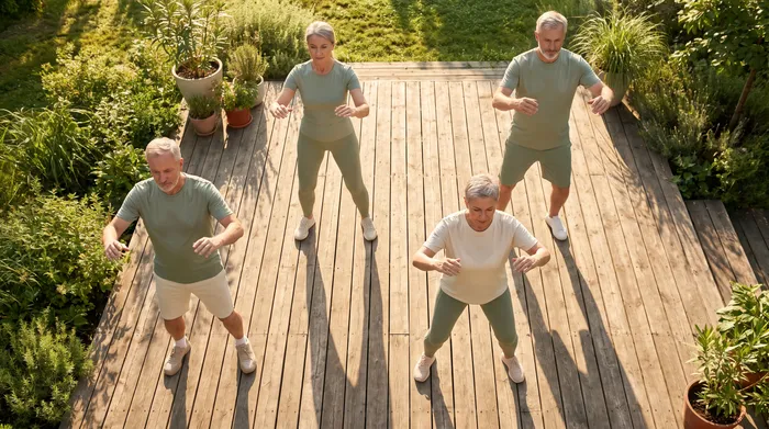 Overhead view of active adults over 50 practicing tai chi together on a sunlit wooden deck