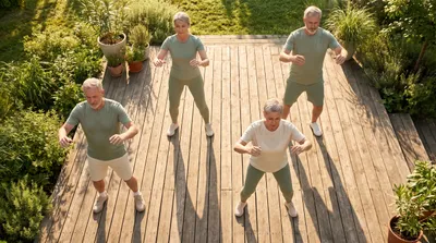 Overhead view of active adults over 50 practicing tai chi together on a sunlit wooden deck
