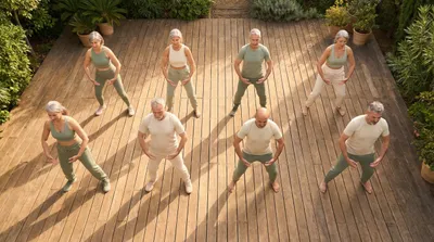 Overhead view of active adults over 50 practicing tai chi together on a sunlit wooden deck