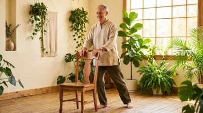 Older man practising a supported tai chi weight shift with hands resting on a chair back