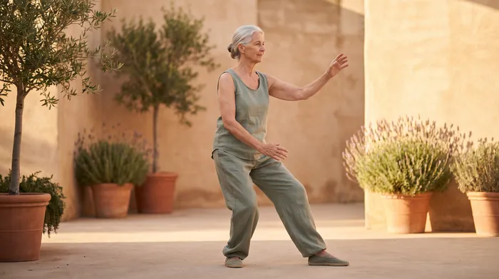Older woman in sage green top performing tai chi in a warm sandstone courtyard