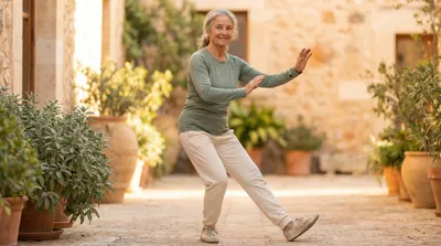 Older woman in sage green top performing tai chi in a warm sandstone courtyard