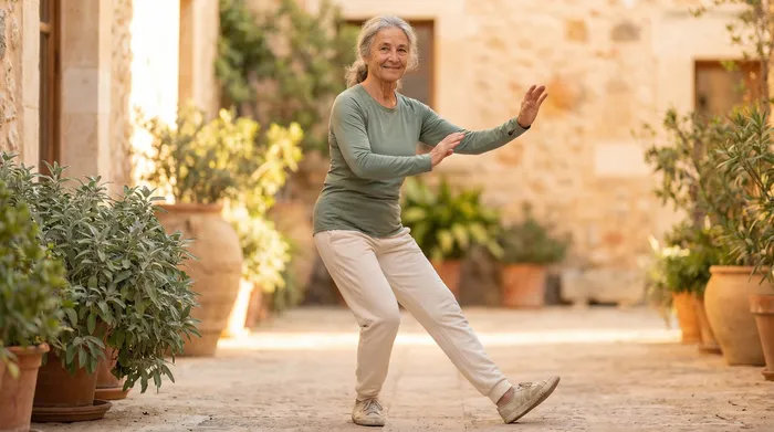 Older woman in sage green top performing tai chi in a warm sandstone courtyard