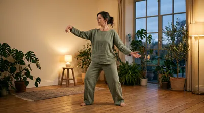 Woman practising slow tai chi in a dimly lit room at dusk with warm lamplight