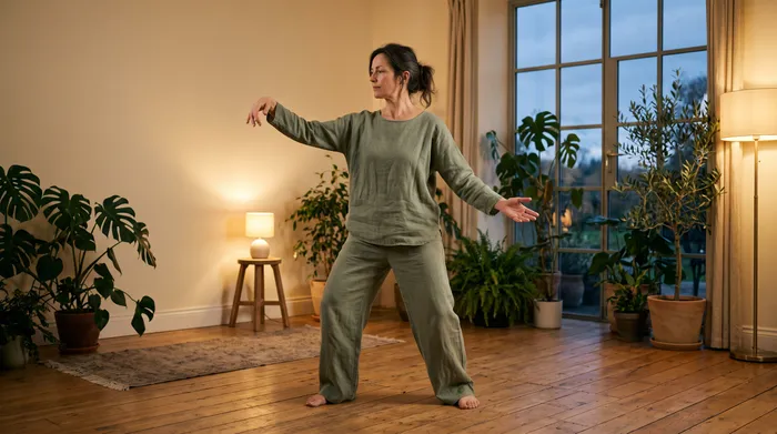 Woman practising slow tai chi in a dimly lit room at dusk with warm lamplight