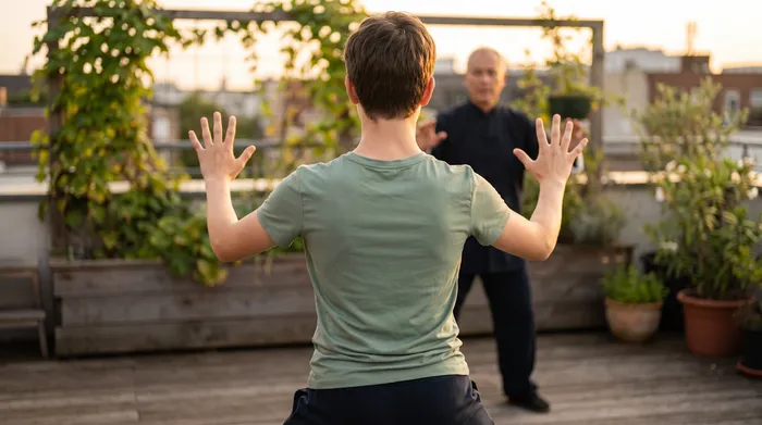 Teenager practising a tai chi posture at golden hour on a rooftop garden with an instructor behind