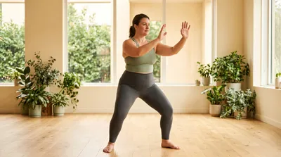 Person of larger build practising tai chi comfortably in a bright plant-filled studio
