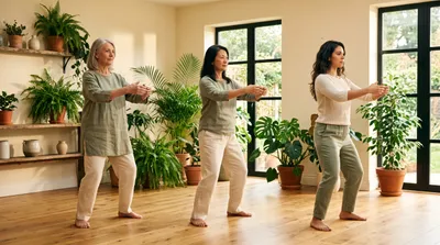 Three women of different ages practising tai chi together in a warm sunlit studio