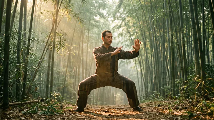Double exposure of a practitioner in a grounded standing posture blended with sage green bamboo