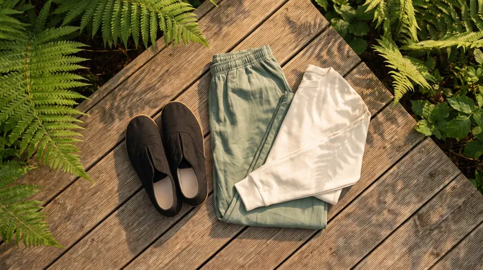 Overhead view of thin-soled cotton tai chi shoes and loose practice clothing laid out on a wooden deck