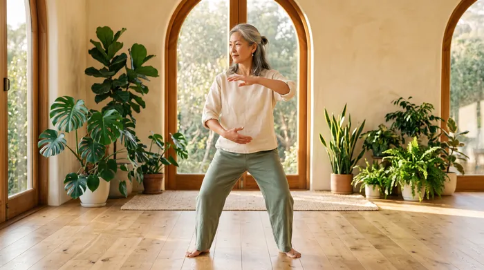 Woman practicing tai chi in a warm sunlit studio surrounded by sage green plants