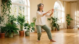 A woman practicing tai chi in a bright studio with plants