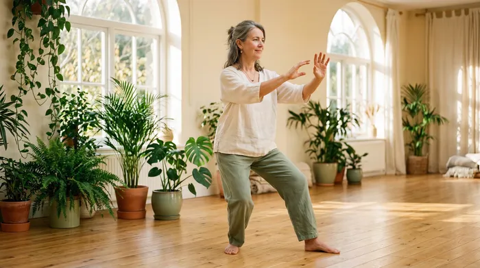 Woman practicing tai chi in a warm sunlit studio surrounded by sage green plants