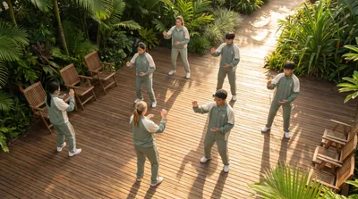 Overhead view of school students copying a teacher in a simple tai chi posture in a bright hall