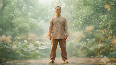 Double exposure of a practitioner in standing meditation blended with still sage green water and lotus