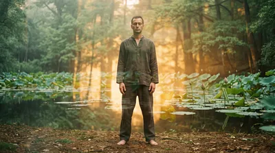 Double exposure of a practitioner in standing meditation blended with still sage green water and lotus