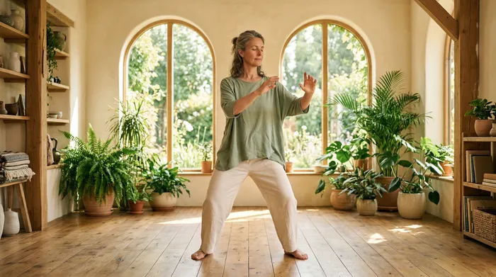 Person practicing tai chi with eyes closed in a peaceful sunlit studio with green plants