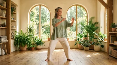 Person practicing tai chi with eyes closed in a peaceful sunlit studio with green plants