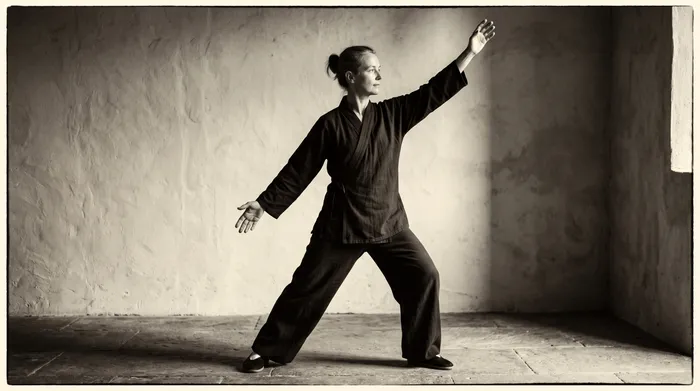 Black and white photograph of a practitioner demonstrating the classic white crane spreads wings posture