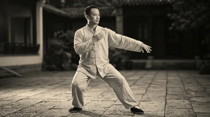 Black and white photograph of a practitioner demonstrating the classic white crane spreads wings posture