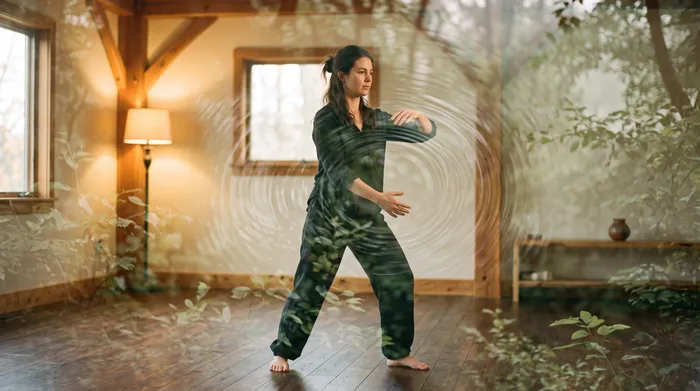 Double exposure of a practitioner in a quiet room blended with sage green foliage and sound-like ripples
