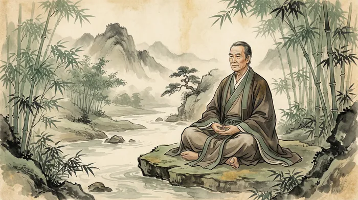 Ink wash painting of a Taoist sage meditating by a stream surrounded by sage green bamboo