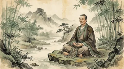 Ink wash painting of a Taoist sage meditating by a stream surrounded by sage green bamboo