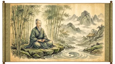 Ink wash painting of a Taoist sage meditating by a stream surrounded by sage green bamboo